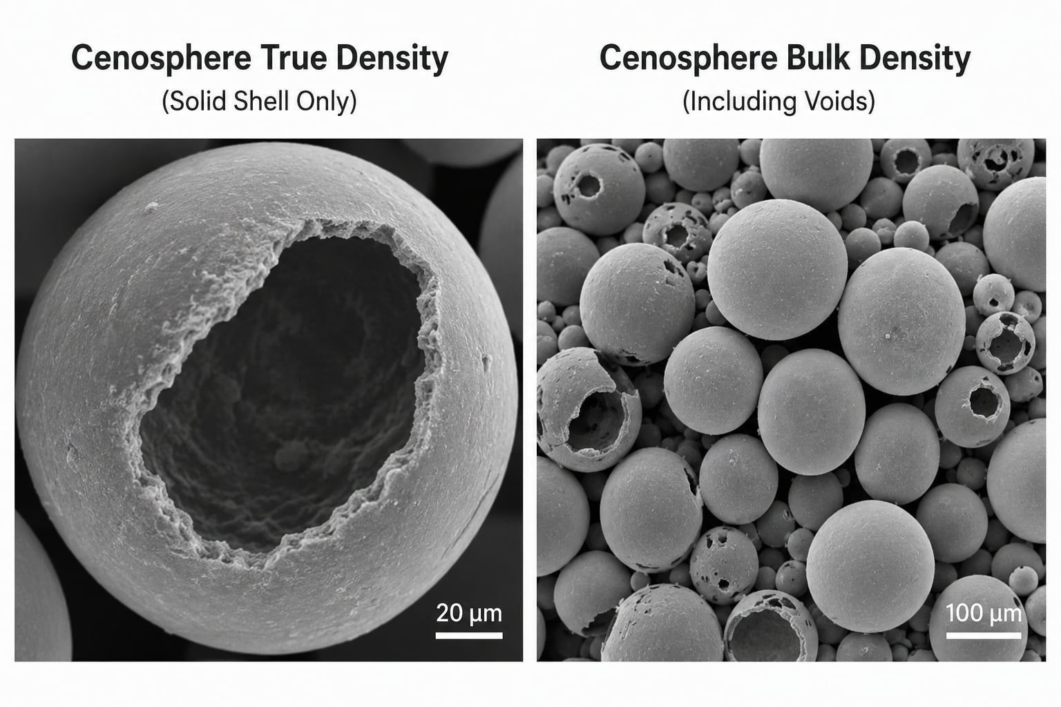 Comparison of cenosphere true density and bulk density