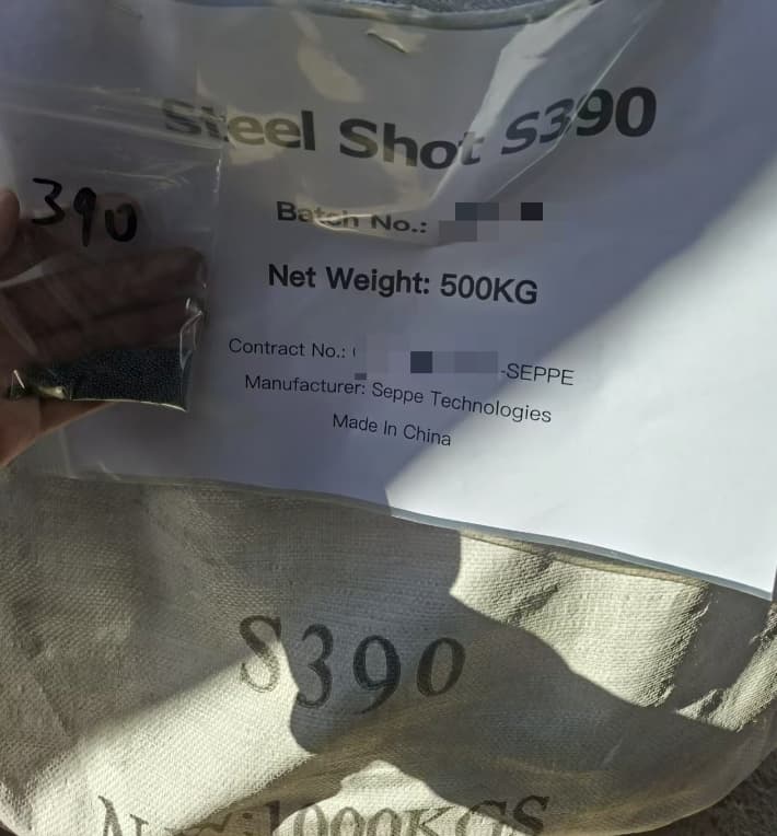 Steel Shot S390 packaging with product and batch information