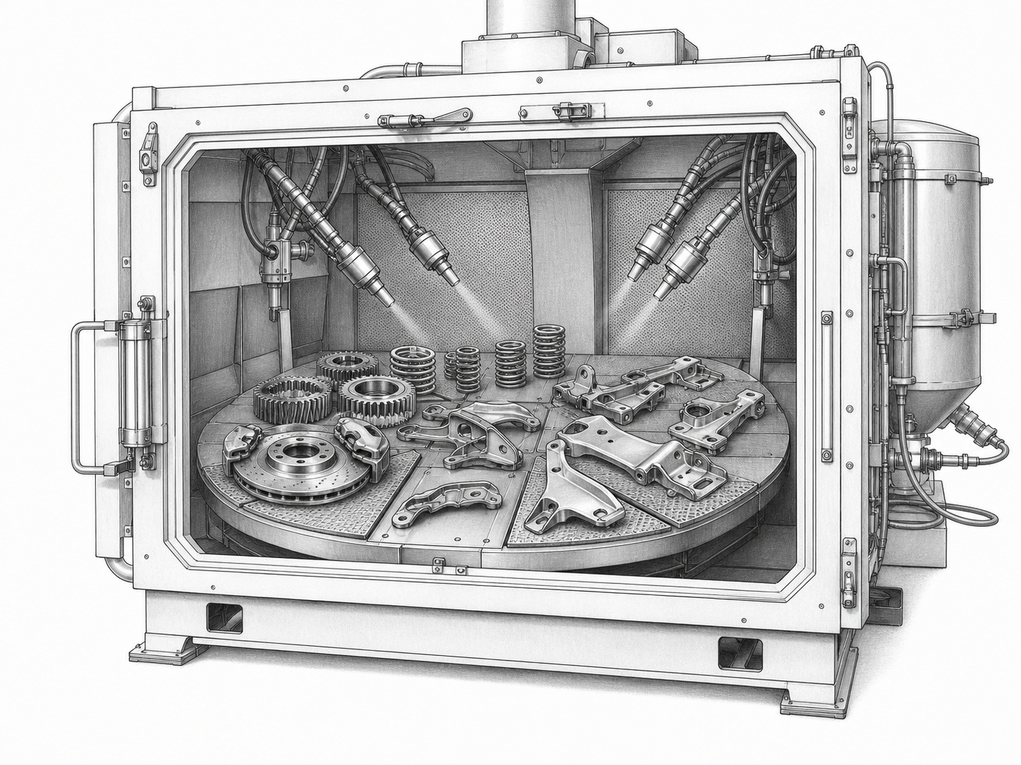Double tempered cast steel shot for automotive component cleaning and peening