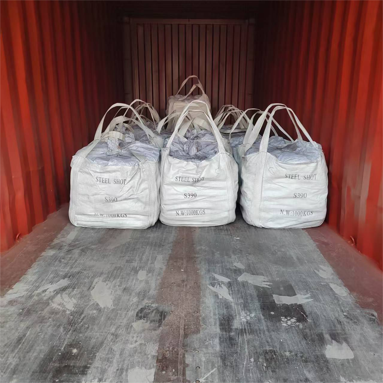 Steel shot jumbo bag package loaded in container for shipment