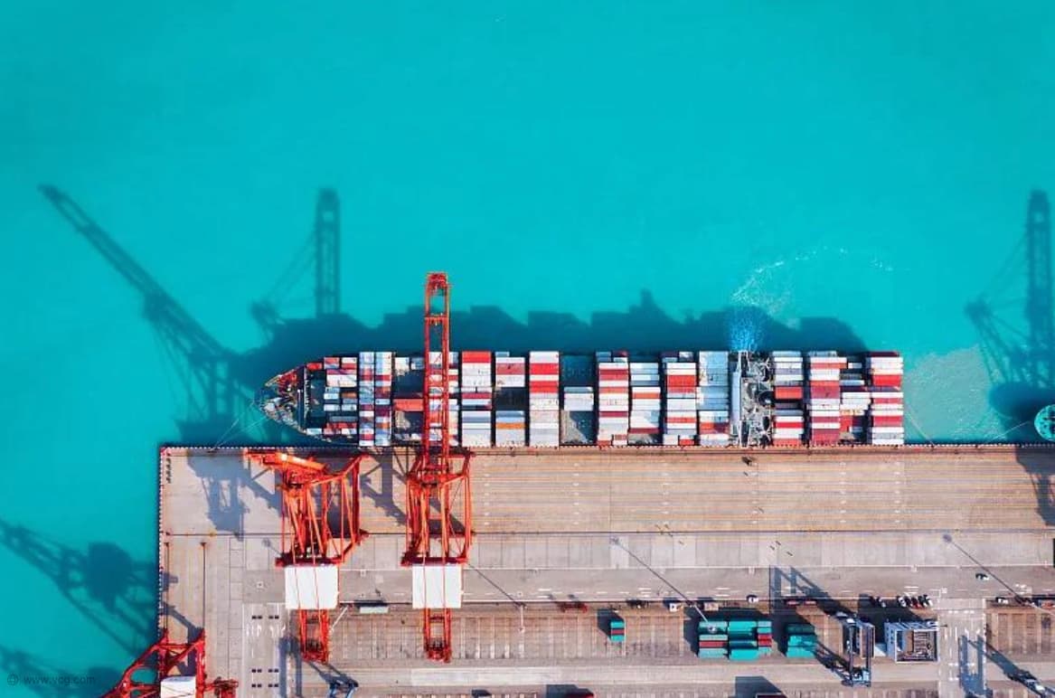 Aerial view of a container ship at a cargo port