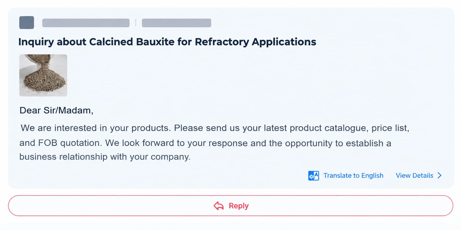Example of a general inquiry about calcined bauxite for refractory applications
