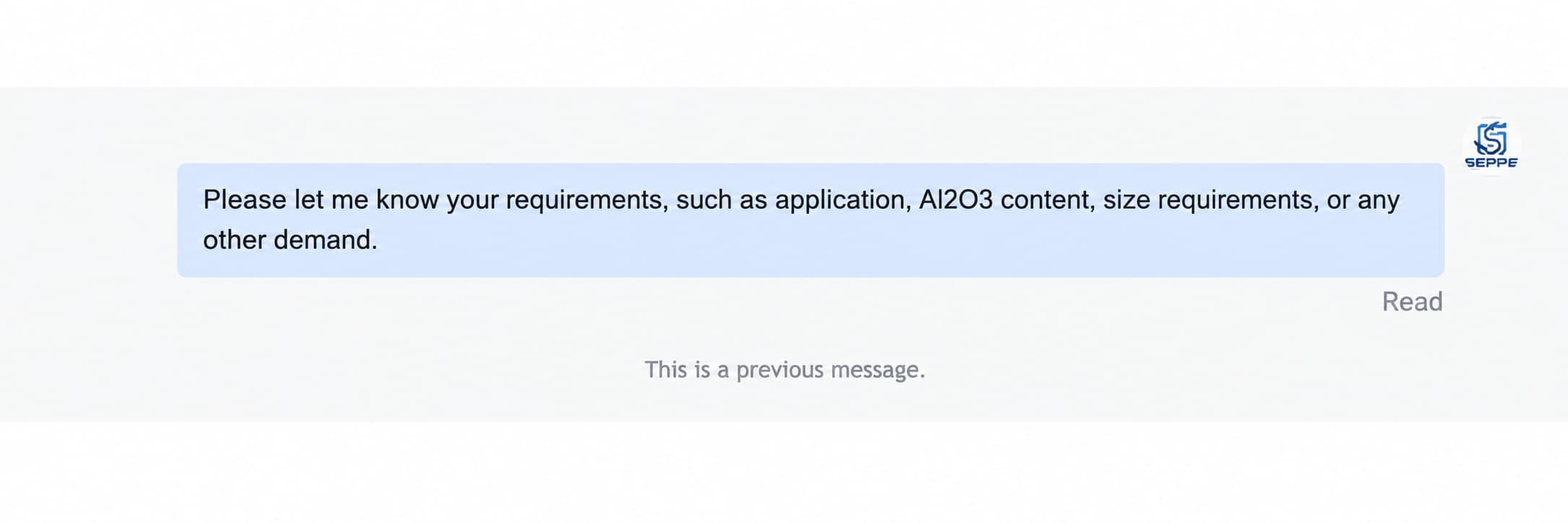 SEPPE message asking the buyer to specify application, alumina content and particle size requirements